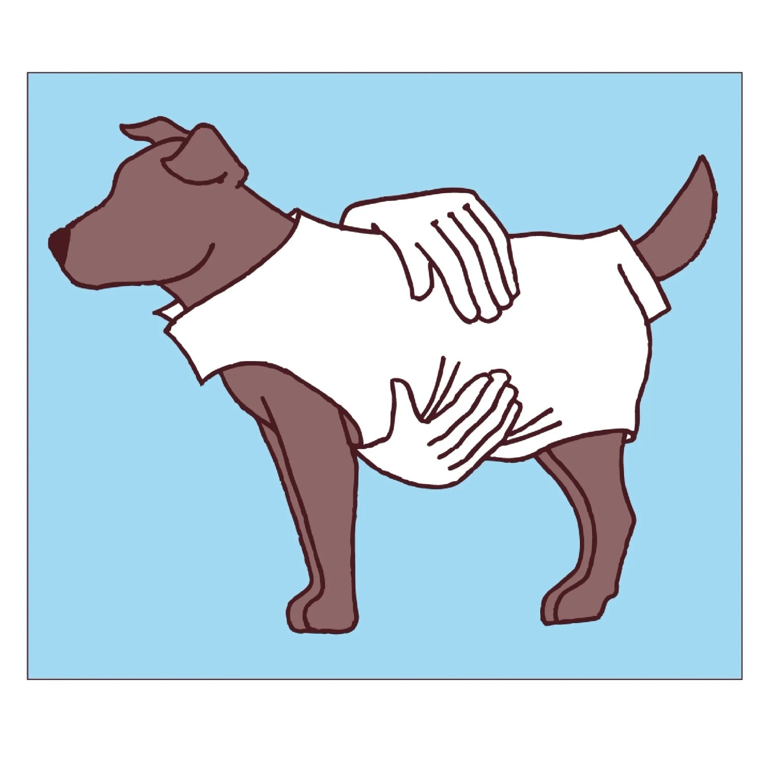 Illustration: Anziehen eines roten Heim Hundepullovers mit Schneeflockenmuster, Größe 25.