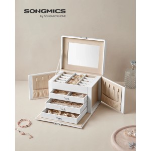 Offenes, weiß-beige Schmuckkästchen Bridie von Songmics mit 4 Ebenen und Schmuck.