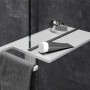 Hüppe Duschablage Select+ in Silber Matt mit Handtuchhalter und Duschutensilien.