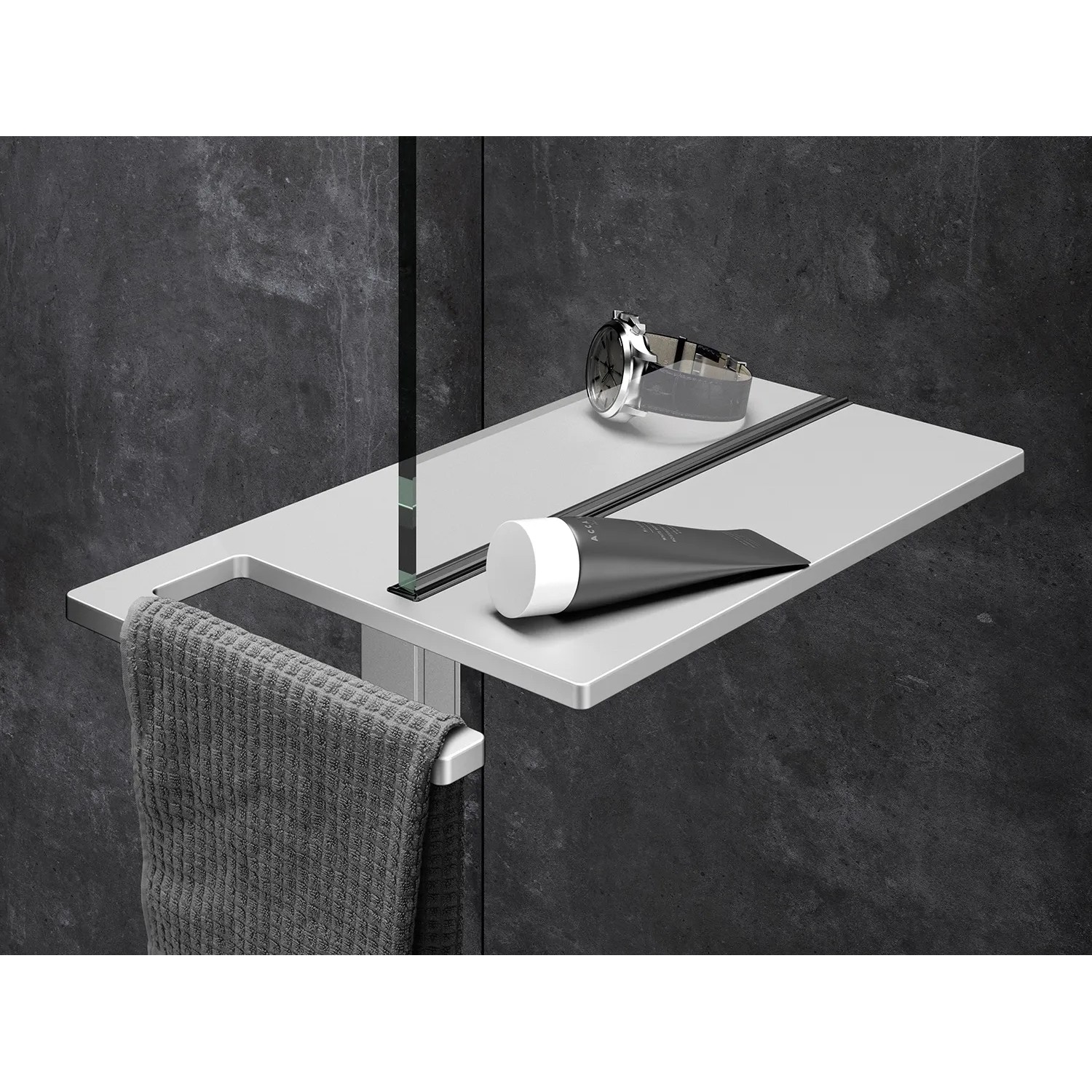 Hüppe Duschablage Select+ in Silber Matt mit Handtuchhalter und Duschutensilien.