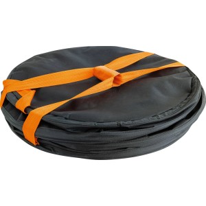 Zusammengefalteter OBI Gartensack Pop-Up, 170 l, mit orangefarbenem Gurt.