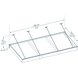 Technische Zeichnung: Palram Canopia Vordach Sophia XL, 2,8 x 1,4 m, Maße und Details zur Terrassenüberdachung.