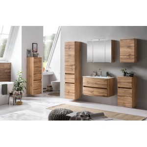 Held Möbel Waschtisch-Set Salerno, 80 cm, Wotaneiche mit weißem Glasbecken und Spiegelschrank.