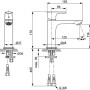 Technische Zeichnung: Ideal Standard Connect Air Waschtischarmatur Slim Grande, Chrom, Maße und Anschlüsse.