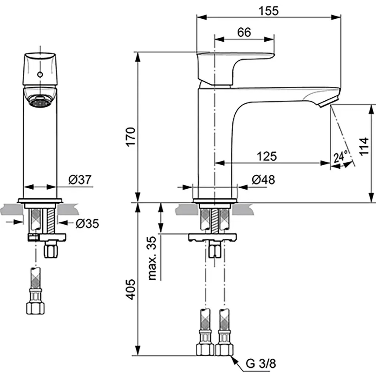 Technische Zeichnung: Ideal Standard Connect Air Waschtischarmatur Slim Grande, Chrom, Maße und Anschlüsse.