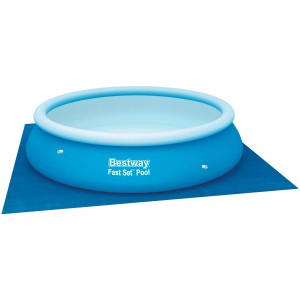 Bestway Pool mit Bodenplane 3,35x3,35m. Bodenschutzmatte aus PE unter blauem Fast Set Pool.