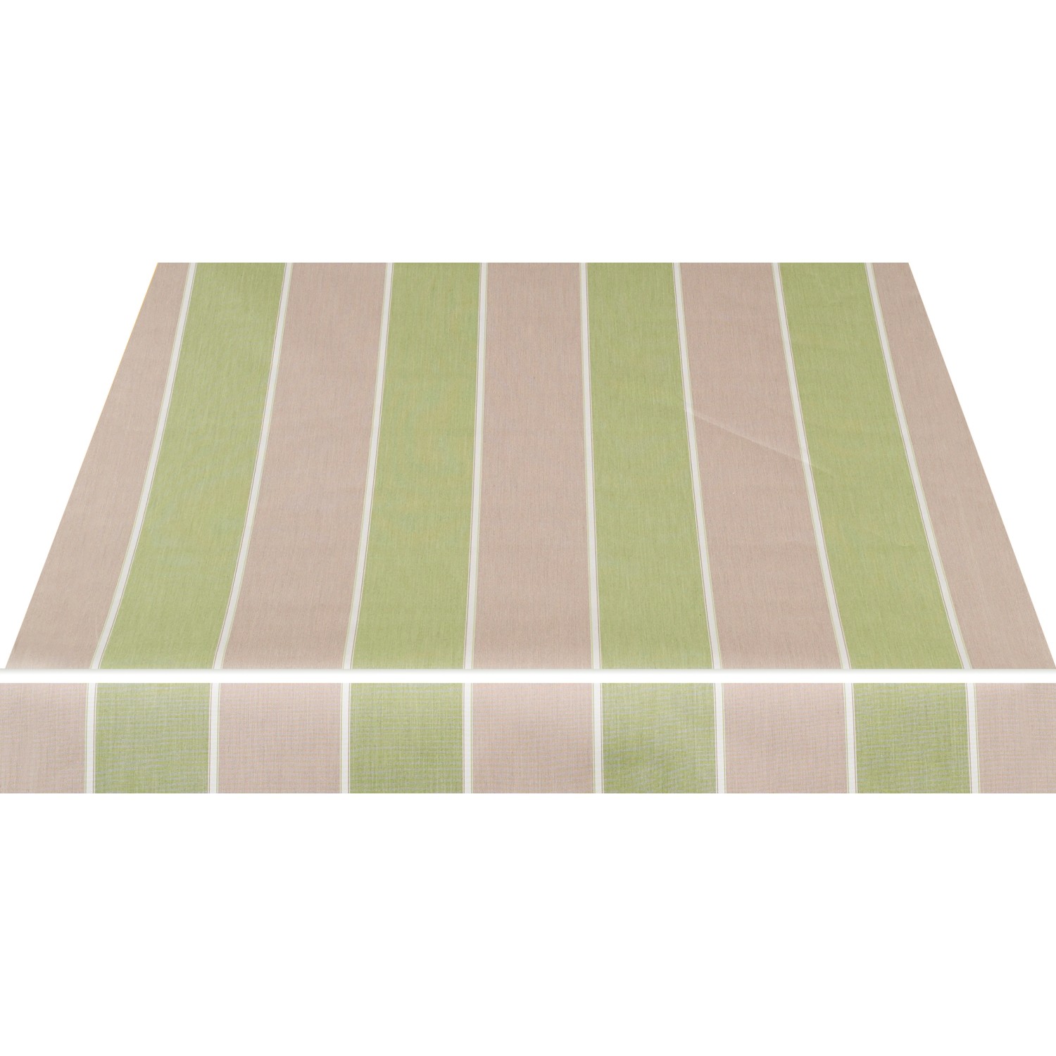 Spettmann Kassettenmarkise, beige-grün gestreift, weißes Gestell. Markisenstoff mit Streifenmuster.