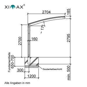 Technische Zeichnung: Ximax Carport Portoforte Caravan Typ 80, Maße und Fundamentdetails.