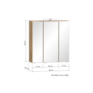 Held Möbel 3D-Spiegelschrank Ancona, 60 cm, Wotaneiche. Badmöbel-Set mit drei Spiegeltüren und Aufsatzleuchte.