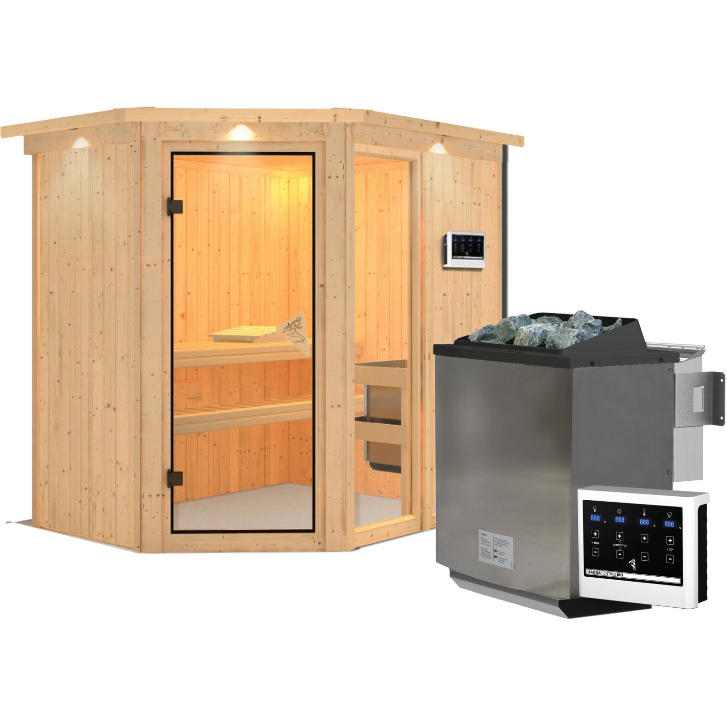 Karibu Sauna Freyja 1 mit Bio-Ofen und LED-Dachkranz aus naturbelassener Fichte.