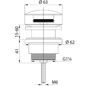 Technische Zeichnung eines Pop-up Ablaufventils in Chrom mit Maßangaben für Waschbecken.