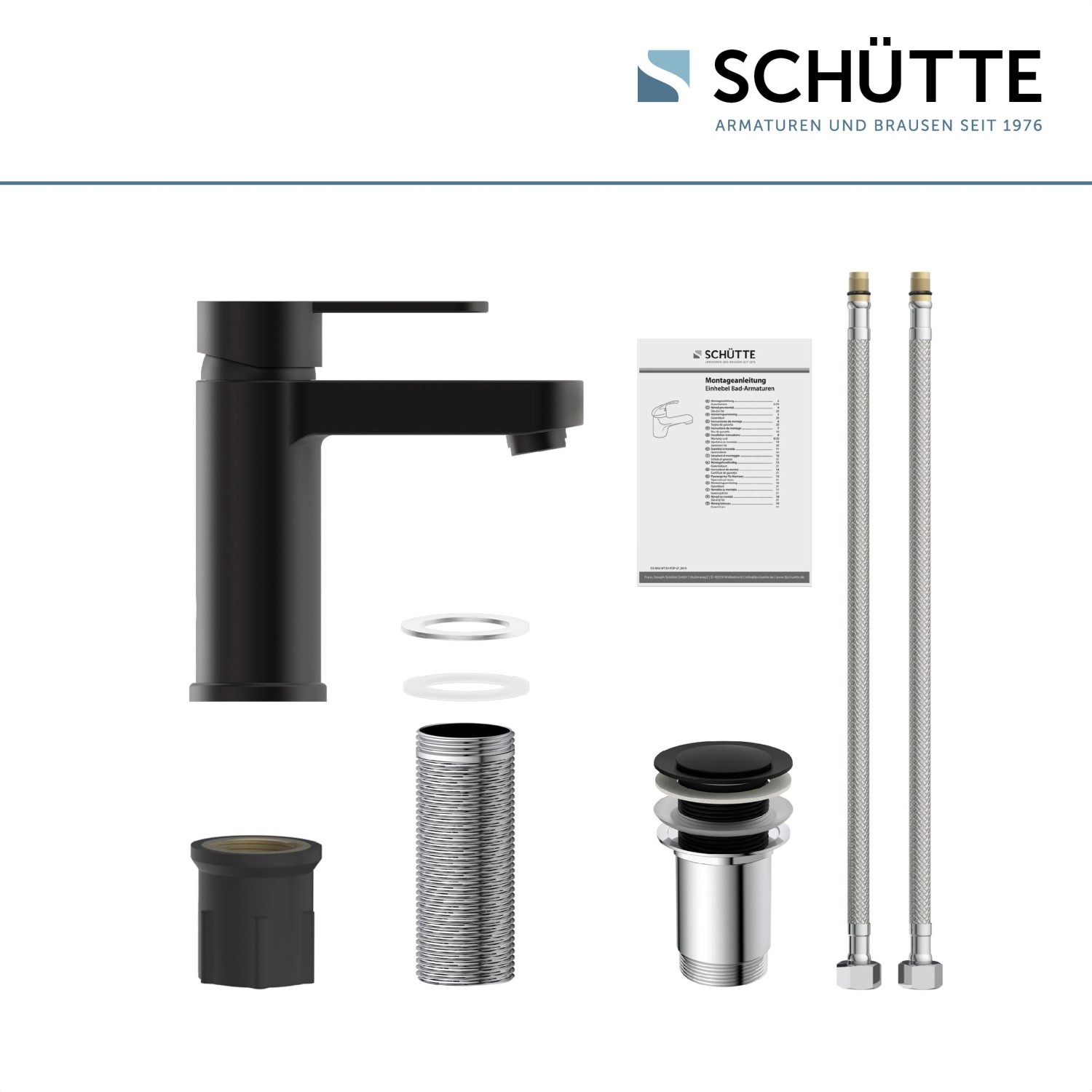 Schwarze Schütte Waschtischarmatur Elephant mit Zubehör für die Montage.