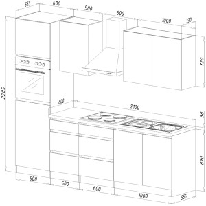 Respekta Küchenzeile 270cm, grifflos, weiß hochglanz mit Eiche Sägerau Arbeitsplatte. Einbauküche ohne E-Geräte.