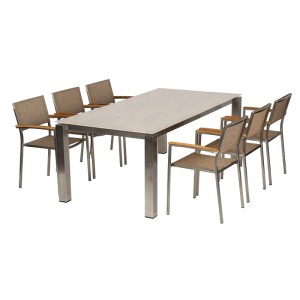 Acamp Garten-Set Auris: Tisch mit Keramikplatte und 6 Skye Stapelsessel in Beige.