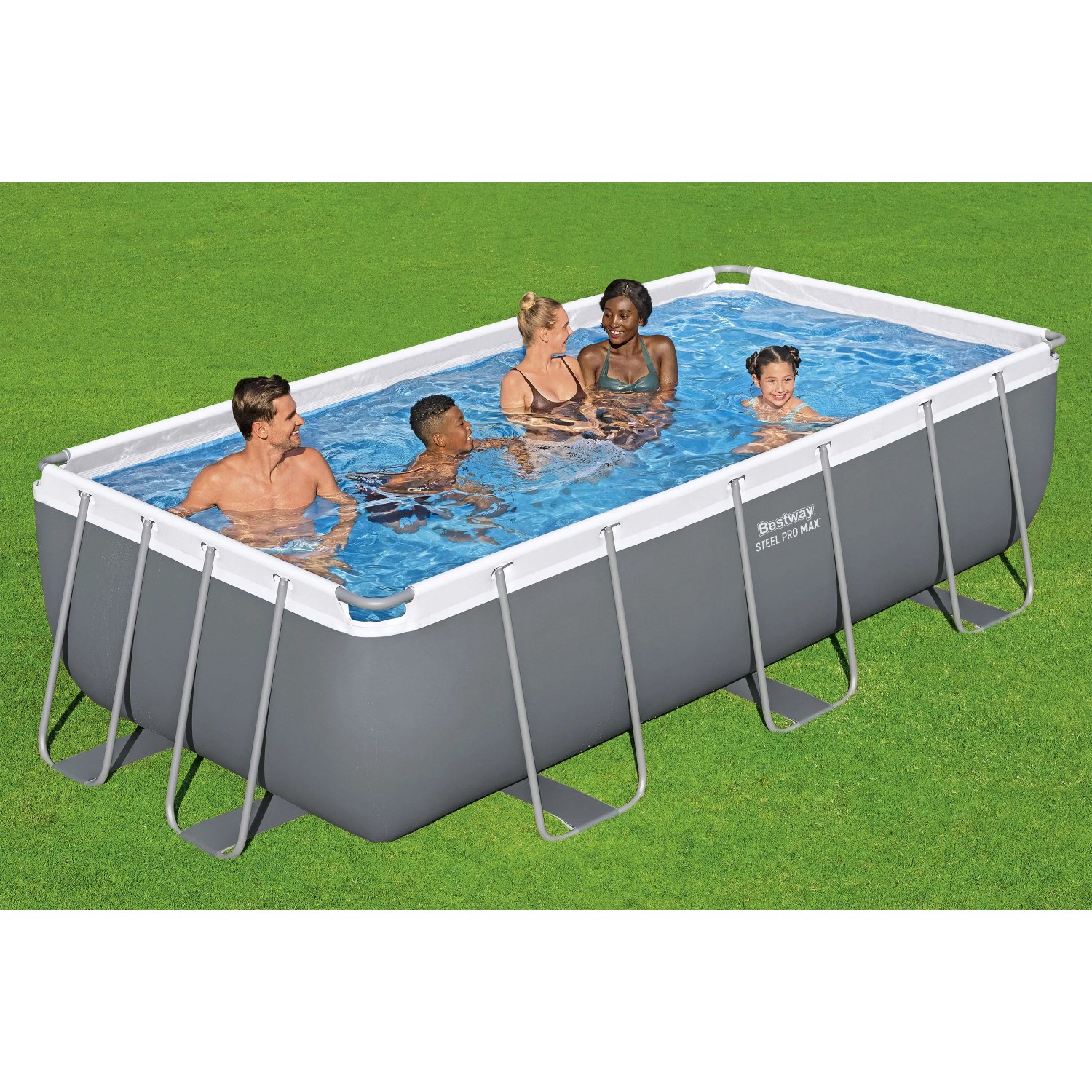 Grauer Bestway Steel Pro MAX Pool 404x201x100 cm mit Sandfilteranlage und badenden Personen.