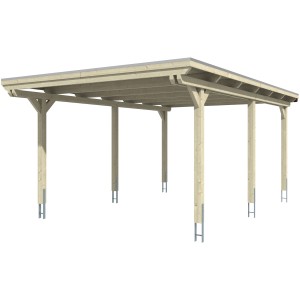 Skan Holz Einzelcarport aus Leimholz in Eiche hell, 404x604 cm, mit flachem Dach und sechs Pfosten.