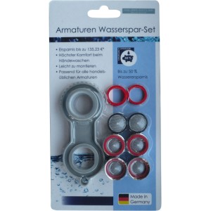 Wasserspar-Set für Armaturen mit Montageschlüssel, Mischdüsen und Dichtungen.