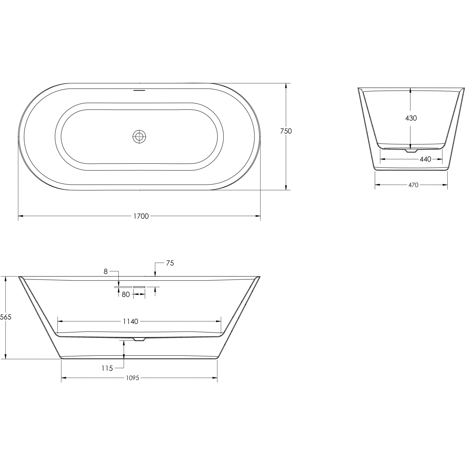 Technische Zeichnung der freistehenden Badewanne Ottofond Eko, 170x75 cm, mit Maßangaben.