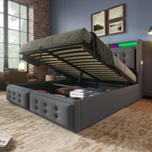 okwish Polsterbett 140x200cm mit LED Kopfteil USB Ladefunktion Jugendzimmer Grau mit Matratze