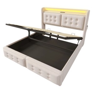 okwish Polsterbett 140x200cm mit LED Kopfteil USB Ladefunktion Jugendzimmer Beige mit Matratze