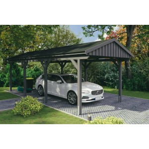 Grauer Skan Holz Carport Fichtelberg mit schwarzen Schindeln und einem geparkten Auto.