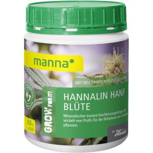 Manna Hanfdünger Hannalin Blüte 0,5kg im weißen Behälter mit grünem Deckel.