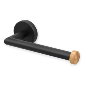 Schwarzer MSV Toilettenpapierhalter Iana aus Stahl mit Bambus-Akzent für die Wandmontage.