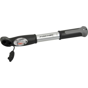 Fischer Mini Alu-Pumpe mit Manometer für Fahrradreifen, Doppelhub für schnelles Aufpumpen.