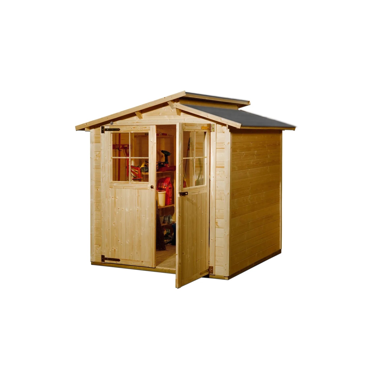 Lasiertes Weka Holz-Gartenhaus Eiche Hell mit Satteldach und geöffneter Doppeltür.