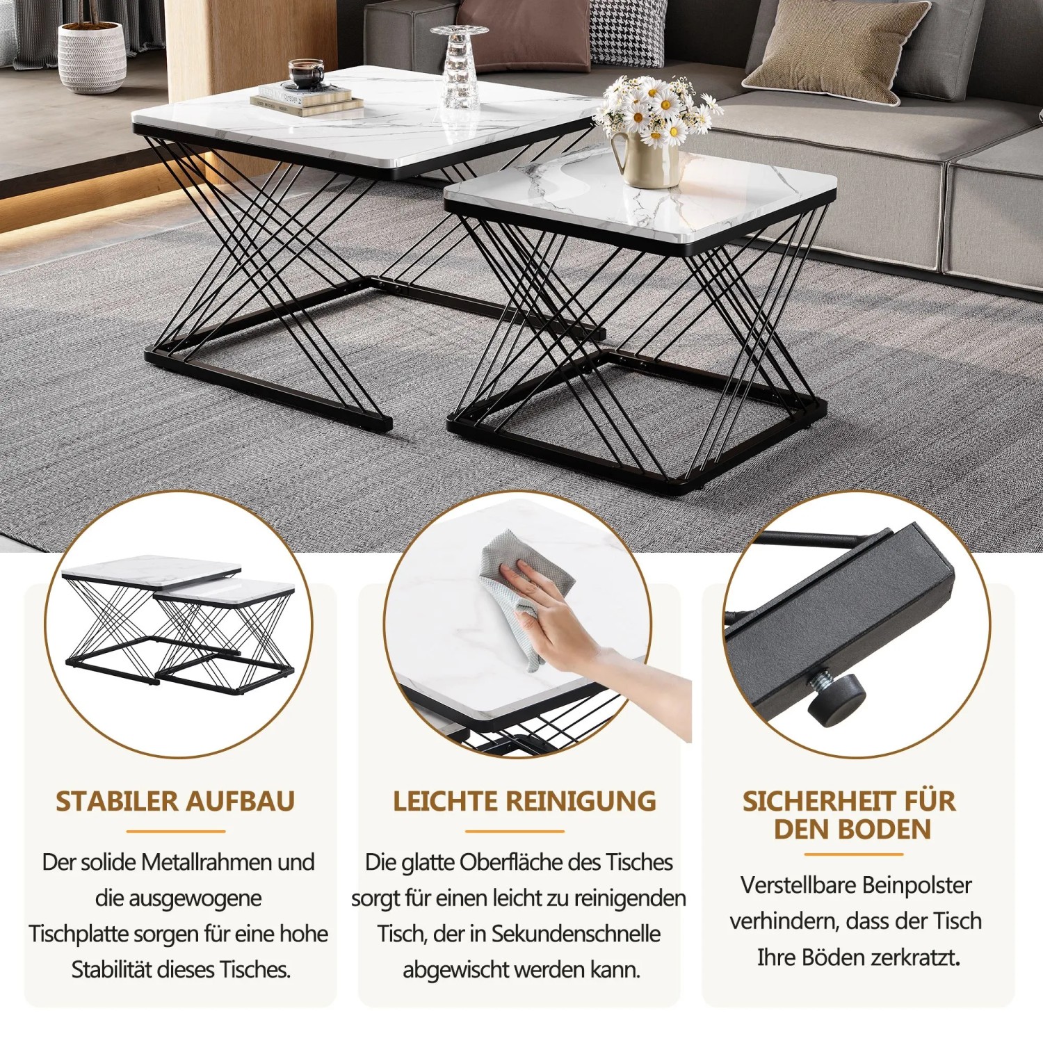 okwish Couchtisch Set mit Marmoroptik HöhenVerstellbare Füße 60x60x45cm 45x45x40cm Schwarz_7