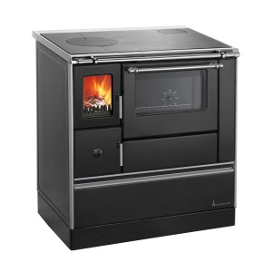 Schwarzer Westminster Küchenofen K 176 FA-90 rechts mit Kochplatte und Backofen.