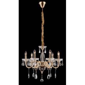 Goldfarbener Globo Kronleuchter Sanja mit Kristallbehang für festliche Beleuchtung.