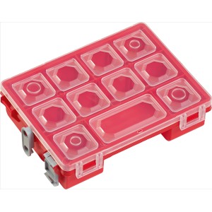 Roter LUX Sortierkasten mit 6 Fächern und transparentem Deckel für Aufbewahrung.