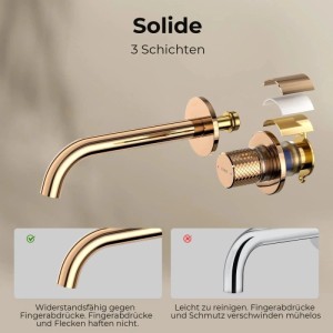 Roségoldene Unterputz Waschtischarmatur im Detail: Explodierte Ansicht zeigt 3 Schichten und schmutzabweisende Oberfläche.