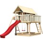 Karibu Stelzenhaus Fidel mit Doppelschaukel und roter Rutsche, Ansicht von vorn.