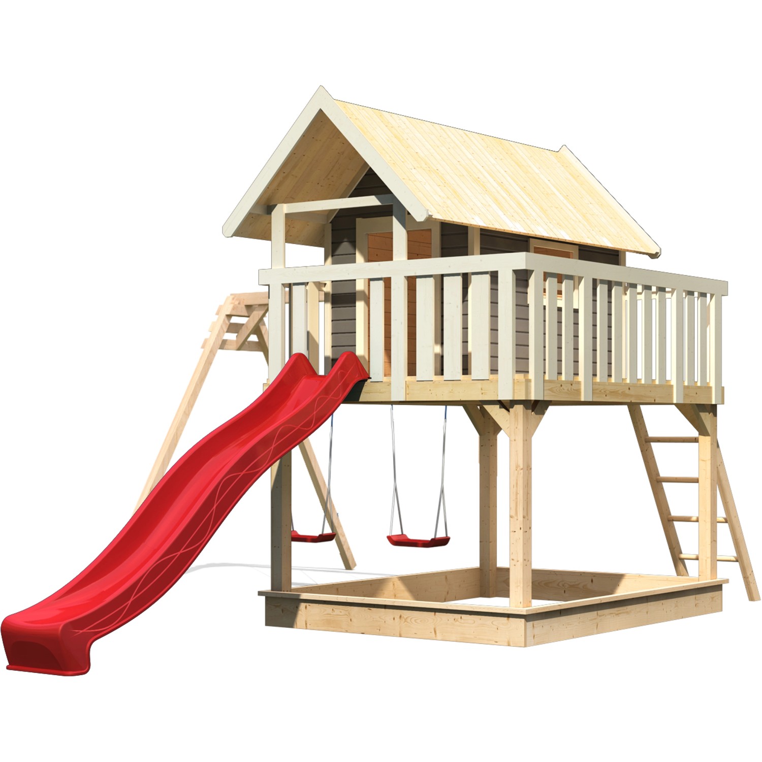 Karibu Stelzenhaus Fidel mit Doppelschaukel und roter Rutsche, Ansicht von vorn.