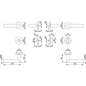 Technische Zeichnung: Hoppe Rosetten Garnitur Amsterdam WC, Edelstahl matt, Maße und Details.