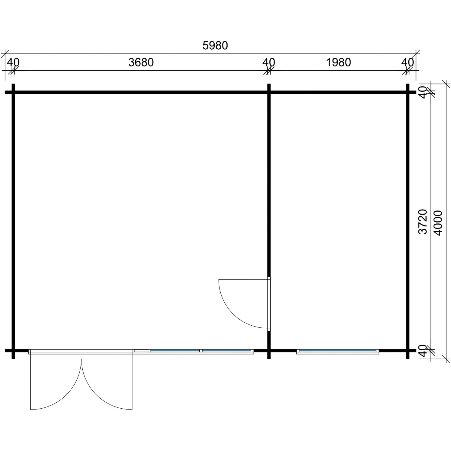Grundriss Carlsson Gartenhaus Atrium-E Pultdach, 578x371 cm, unbehandelt. Aufteilung und Maße des Holz-Gartenhauses.