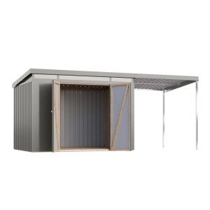 Karibu Metallgerätehaus Neos 3 mit Anbaudach, graualuminium, offene Doppeltür.