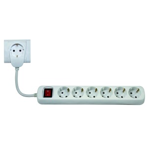 Weiße 6-fach Steckdosenleiste Powersplit mit Schalter und Stecker für Wandsteckdose.