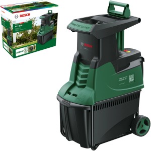 Bosch AXT 25 D Leisehäcksler mit Fangbox und Fräswalze zum Zerkleinern von Gartenabfällen.