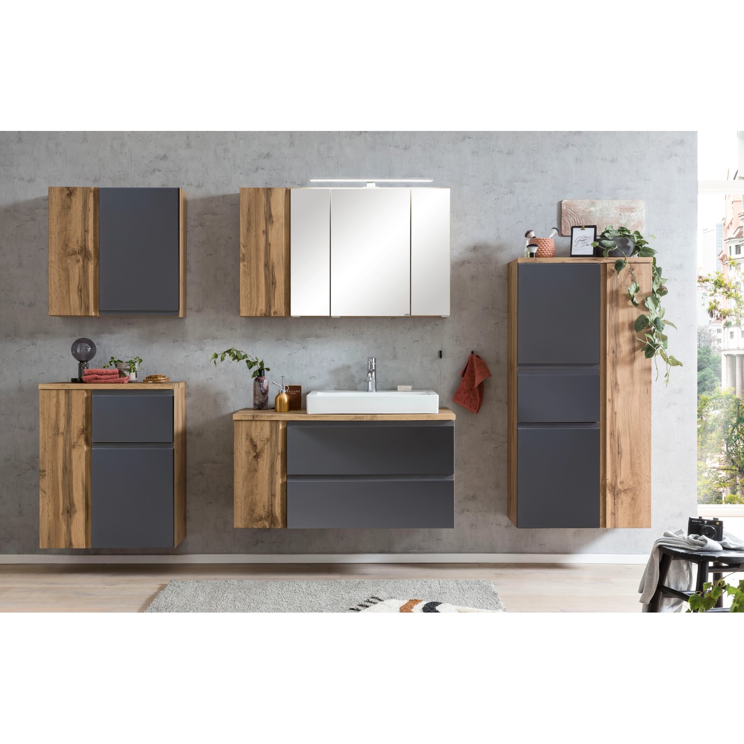 Held Möbel Hängeschrank Ancona, 65 cm, matt Grau-Wotaneiche, Teil eines Badmöbel-Sets.