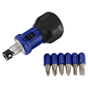 Schraubendrehersatz, 7-teilig mit blauem Griff und 6 Bits.