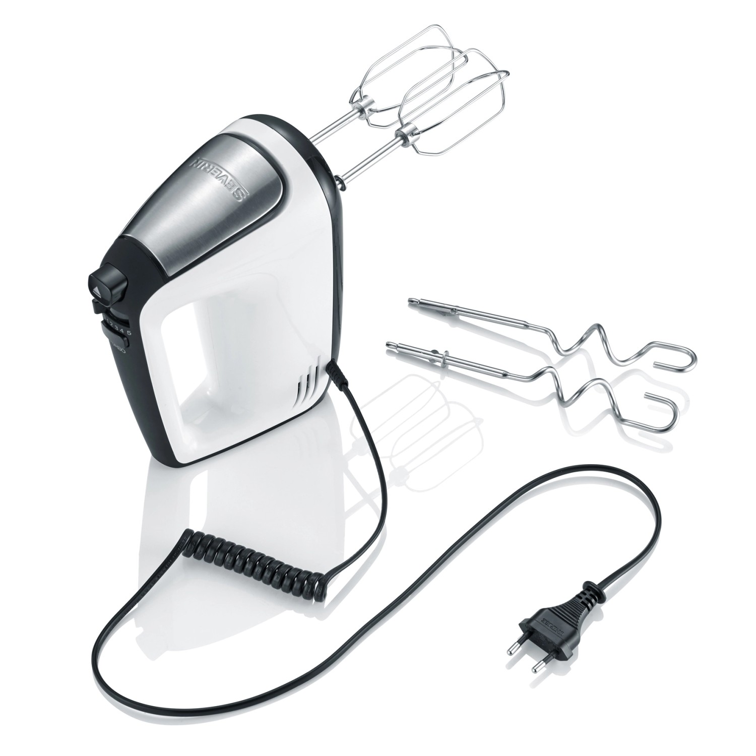 Severin Handmixer HM 3830 in Schwarz-Weiß mit Rührbesen und Knethaken.