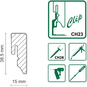 Profilzeichnung FN Neuhofer Sockelleiste FU018L, weiß, MDF, mit Clip-System CH23.
