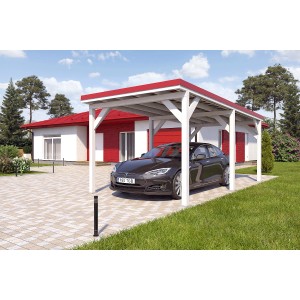 Holzbrüder Einzelcarport Ralf, reinweiß mit rotem Blechdach und geparktem Auto.
