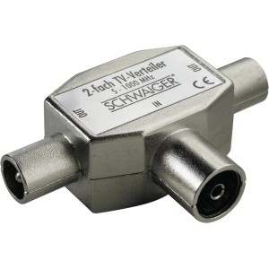 Schwaiger TV Aufsteckverteiler, silbernes Metallgehäuse mit zwei Ausgängen.