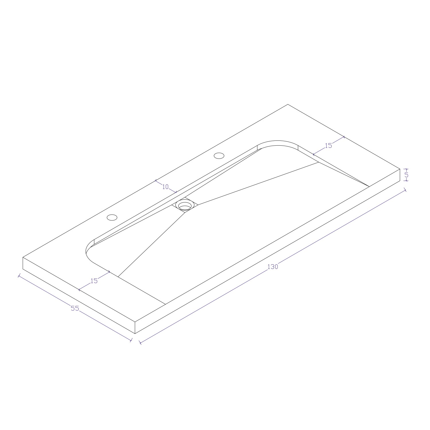 Skizze des Posseik Badmöbel Granit G654 Yamo, 130 cm, mit Maßen. Ideal für die Badgestaltung.