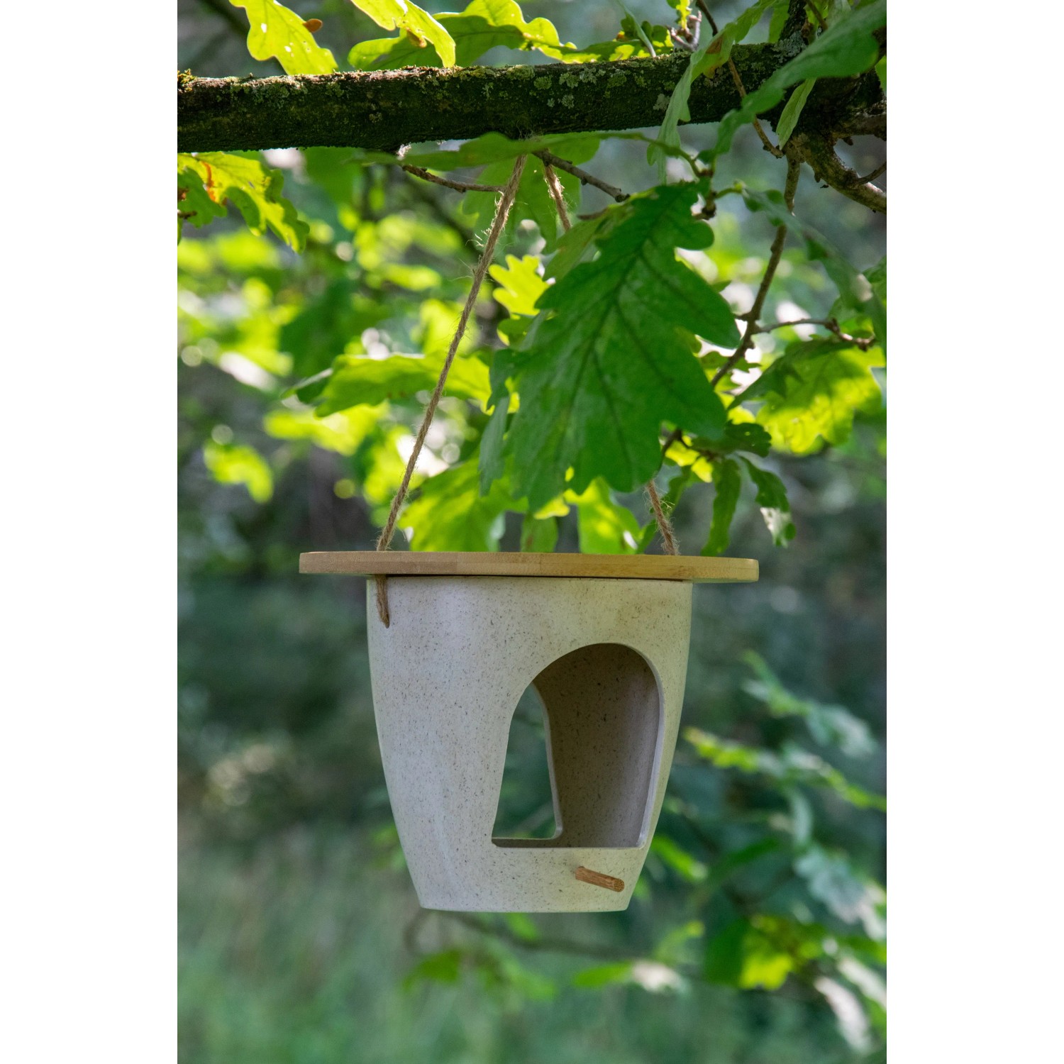 Dobar Vogelfutterspender Eco aus Pflanzenfasern mit Bambusdeckel, hängend an einem Baum.