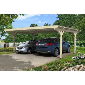 Skan Holz Doppelcarport Odenwald mit zwei parkenden Autos unter dem Carport.